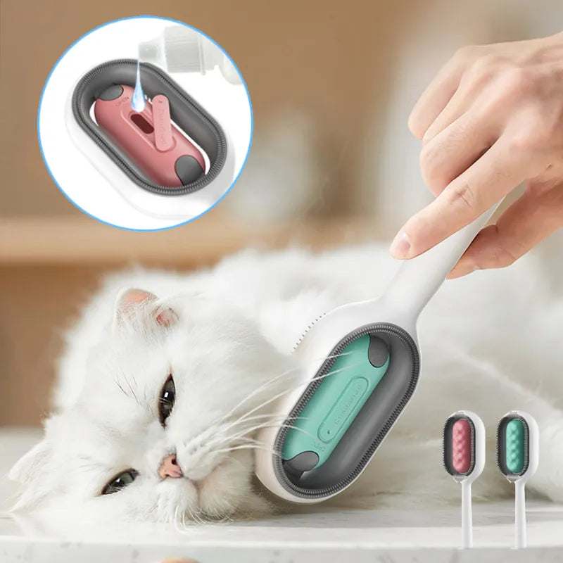 4-in-1 Pet Care Brush grooming a white cat; includes brushing, cleaning, massaging, fur removal features.