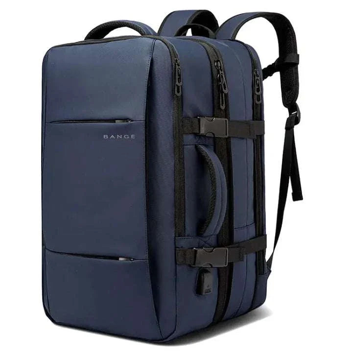 Men's business travel backpack in sleek black, featuring a vertical square design, durable Oxford cloth, adjustable straps, and multiple compartments for laptops and essentials.