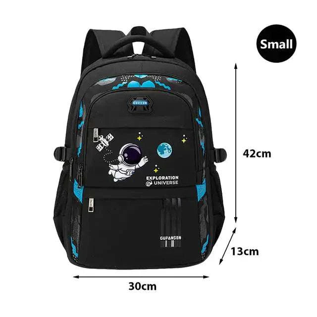 Small Teenager School Bag with orthopedic design, astronaut motif, and black sleek solid pattern.