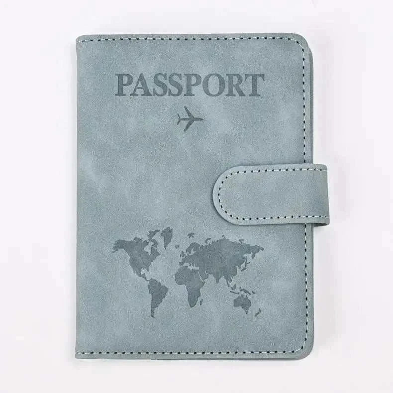 PU Leather Passport and Card Holder in Light Blue with World Map Design