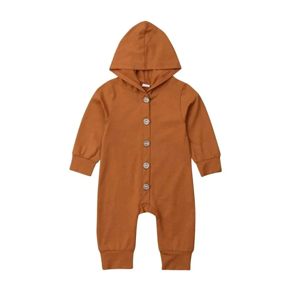 Baby Toddler Hooded Romper in solid color with button closure and long sleeves.