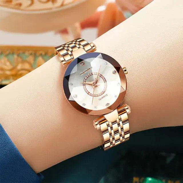 Elegant stainless steel quartz watch for women, featuring a scratch-resistant dial and water-resistant design.