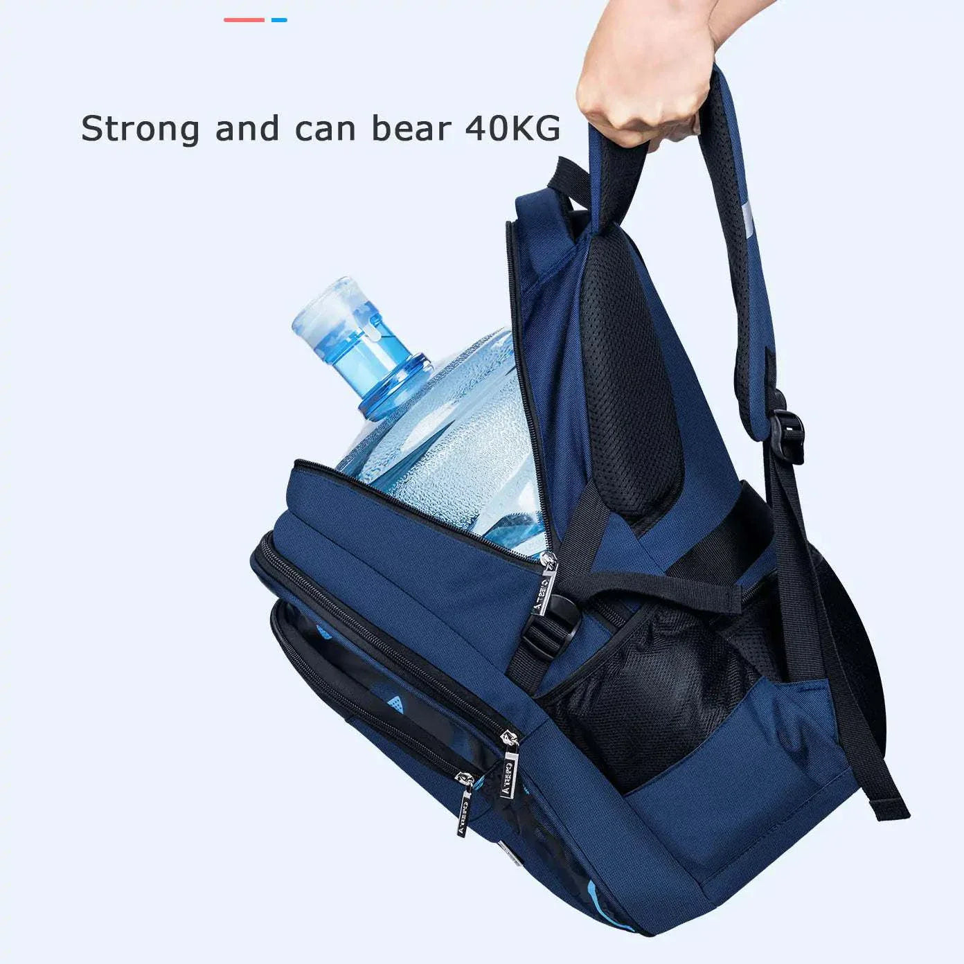 Teenager School Bag showcasing strength holding water bottle, durable Oxford fabric, navy color design.