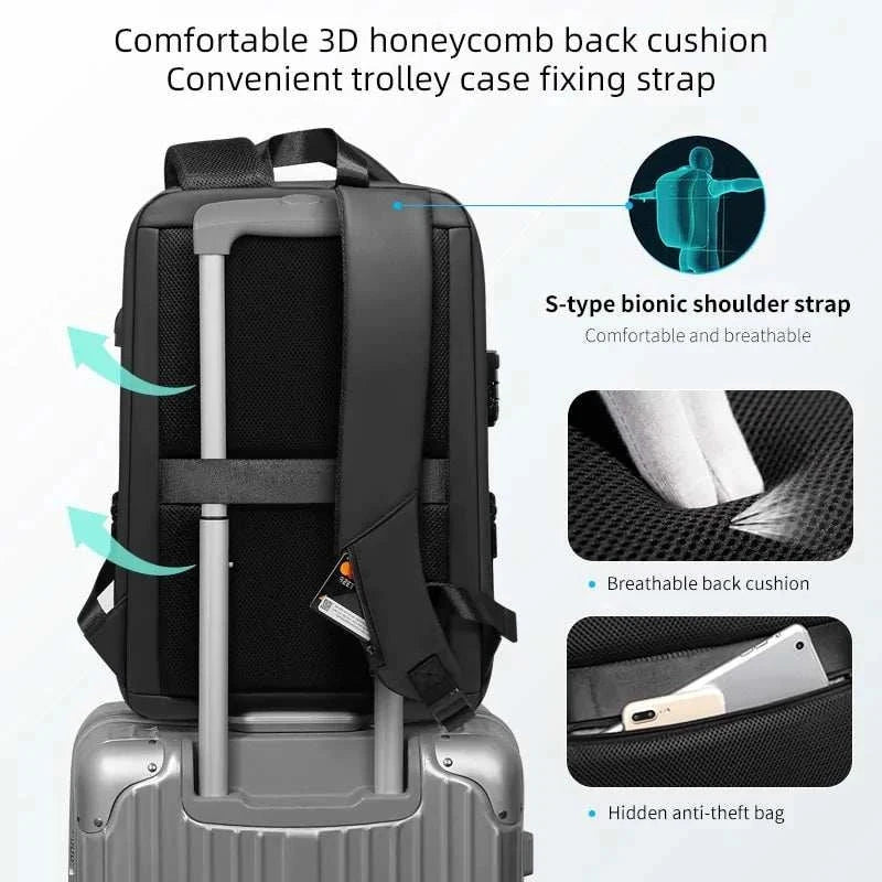 Anti-theft Laptop Backpack with TSA lock, USB port, and ergonomic design.