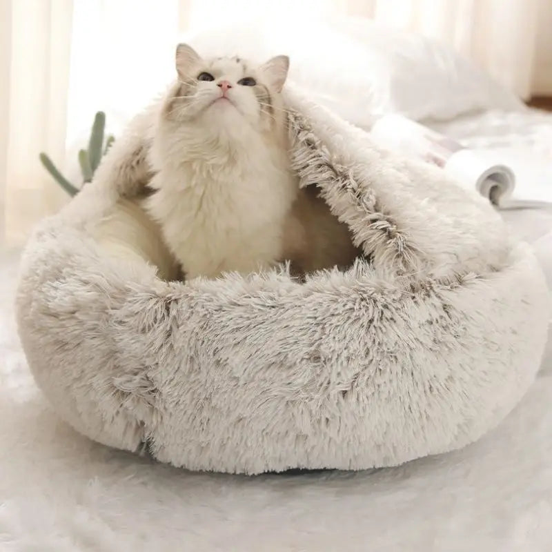 New Warm Long Plush Pet Bed Enclosed Round Cat Cushion Comfortable Sleep Bag Cat Nest Kennel For Small Pet