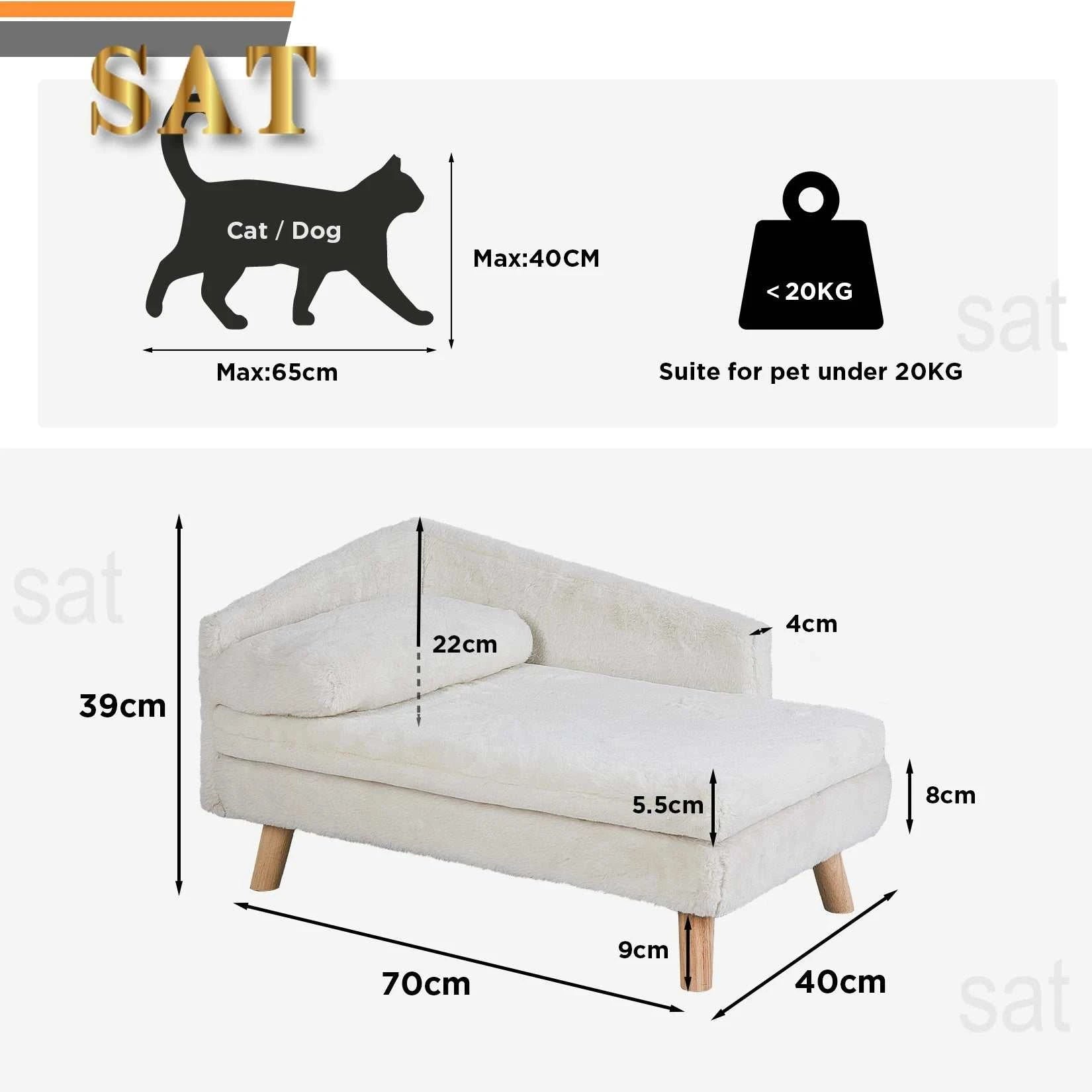 Elevated Pet Bed Solid Wood Leg Dog Cat Sofa for Indoor  L Shape Plush Couch Lounge with Soft Cushion