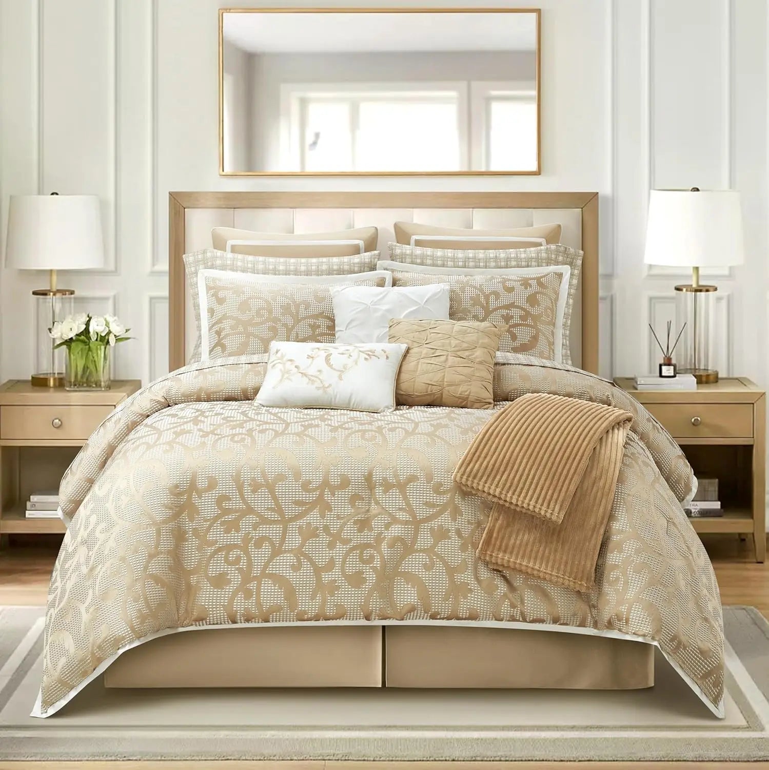 Grand Avenue Taupe Paisley Comforter Set King Size, 16 Piece, Jacquard Bedding Sets & Collections, Matching Flat Sheet,