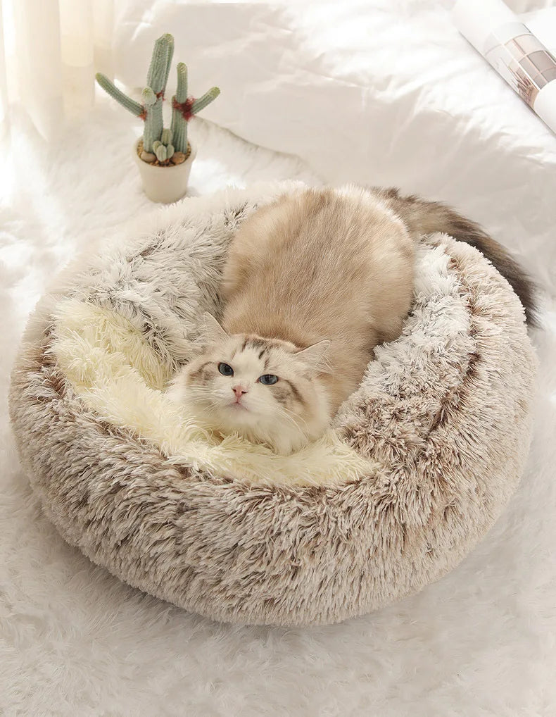 New Warm Long Plush Pet Bed Enclosed Round Cat Cushion Comfortable Sleep Bag Cat Nest Kennel For Small Pet