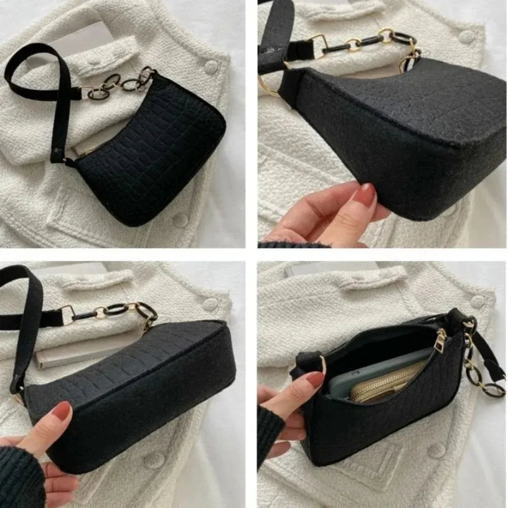 Women's Felt Design Luxury Handbag Women's Fashion Casual Handbag Crescent Shaped Small Square Bag Under The Shoulder Bag