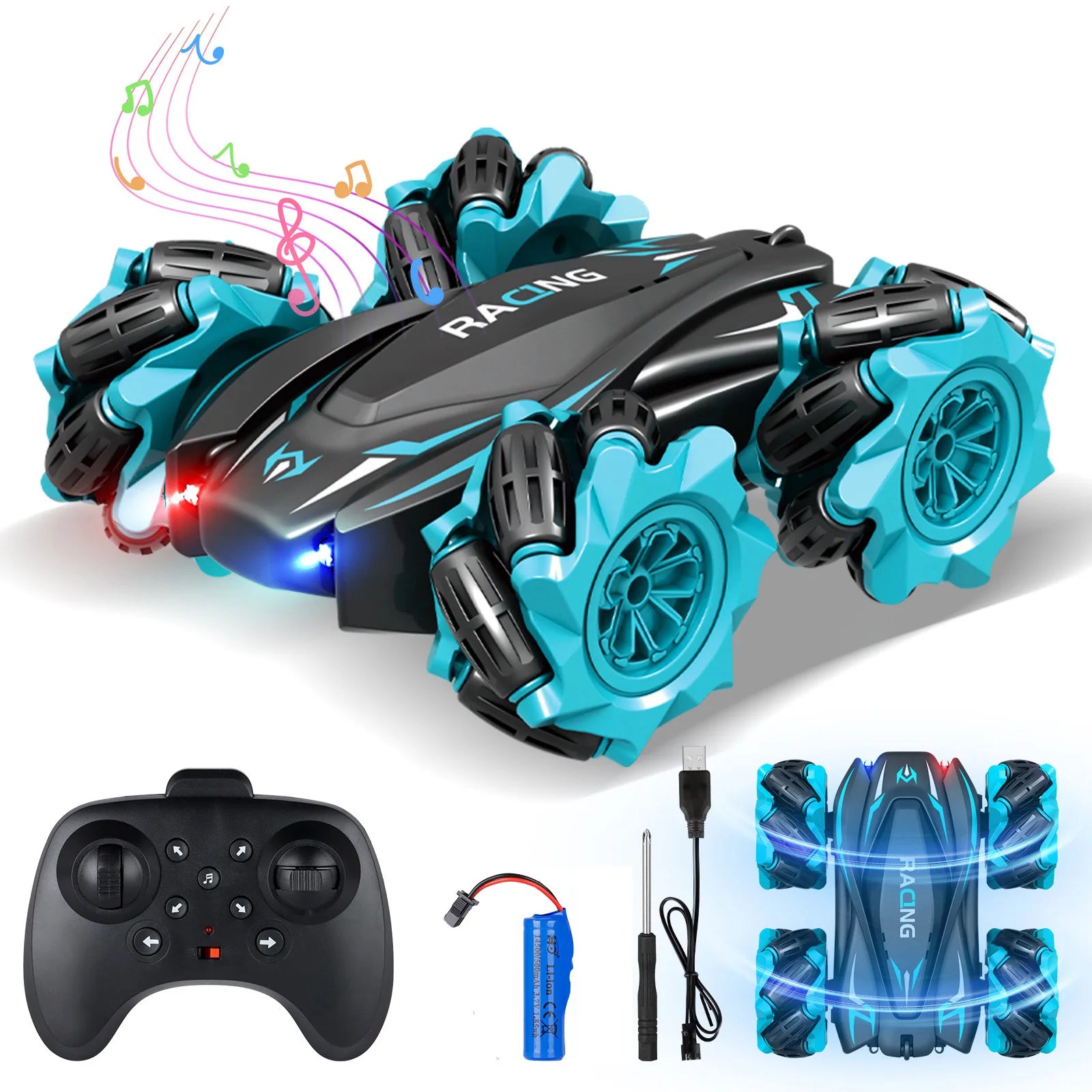 Remote Control Cars for Double Sided Rotating Light Music Four-Wheel Drive Off-Road Racing Toy Racing RC Stunt Car Toy