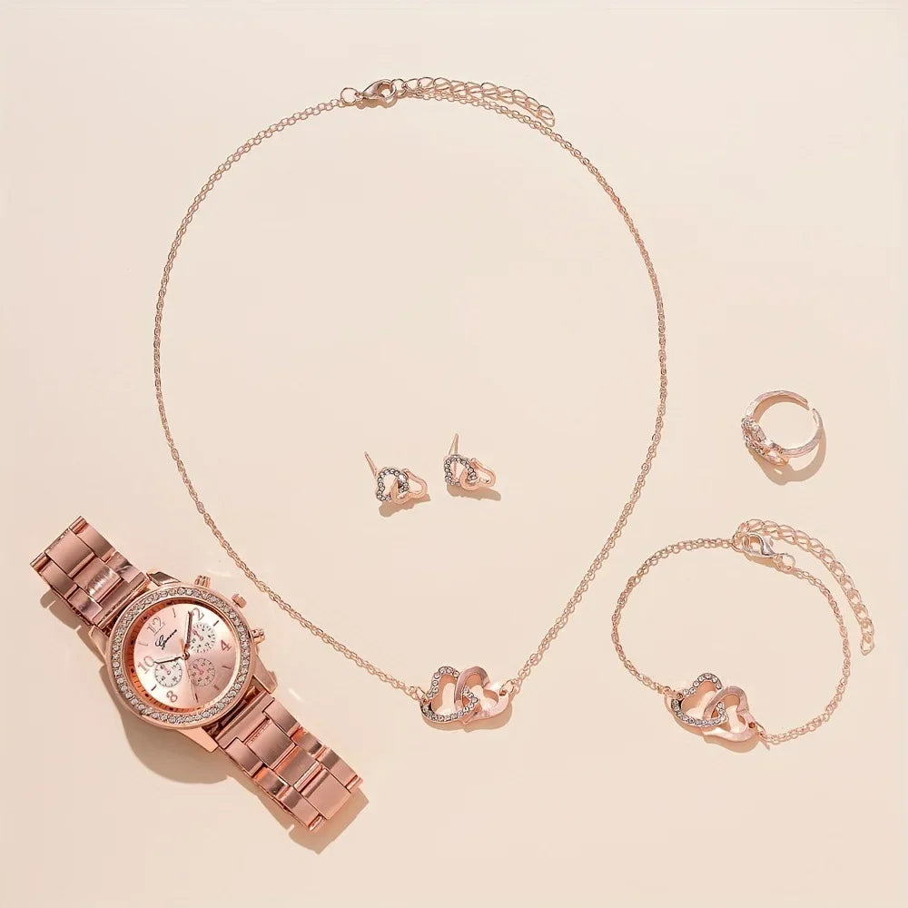 6PCS Set  Fashion Wristwatch Casual Ladies Bracelet Watches Rose Gold Luxury Watch Women Ring Necklace Earring Rhinestone