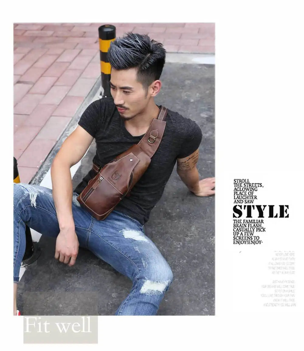 Men's Crossbody Chest Bag Retro Soft Genuine Cowhide Leather Casual Shoulder Bag