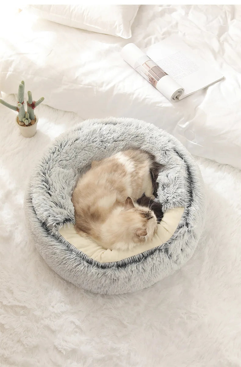 New Warm Long Plush Pet Bed Enclosed Round Cat Cushion Comfortable Sleep Bag Cat Nest Kennel For Small Pet