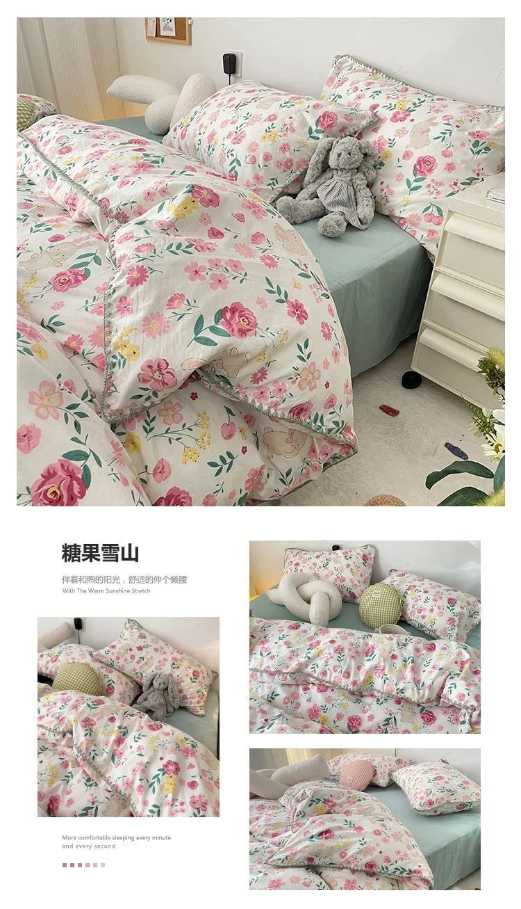 Bedding Set INS Girls Cherry  Soft Washed Cotton Bed Sheet Queen King Size Duvet Set  Comforter Set Pillowcase Bed Linens