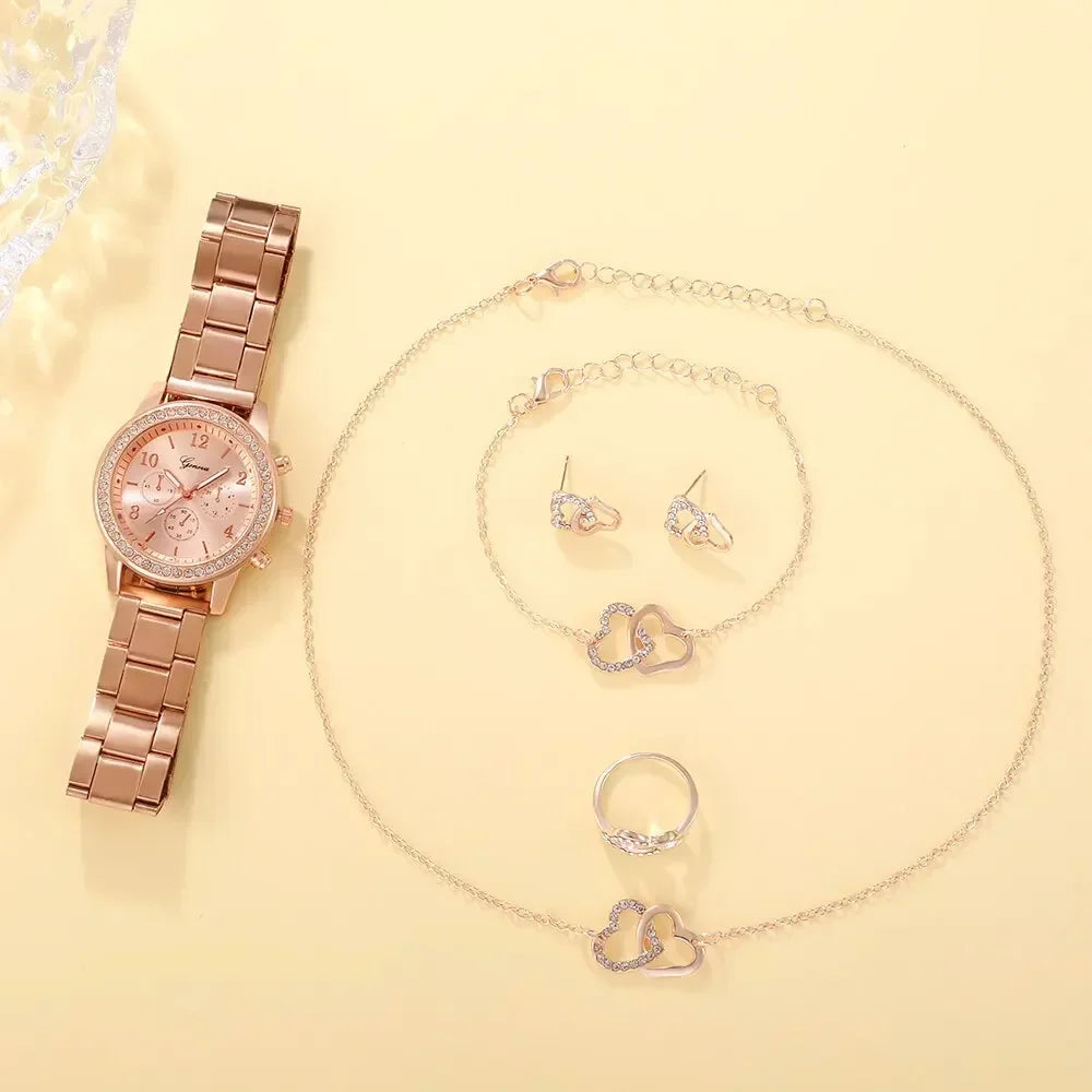 6PCS Set  Fashion Wristwatch Casual Ladies Bracelet Watches Rose Gold Luxury Watch Women Ring Necklace Earring Rhinestone