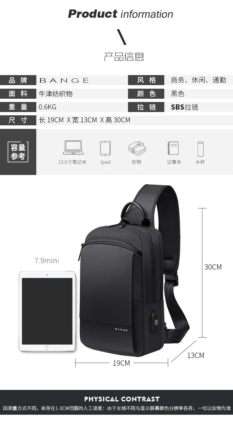 Bange Fashion Men Travel Waterproof Casual Male Chest Sports Packs Messenger Shoulder Bag Boys Running for iPad mini