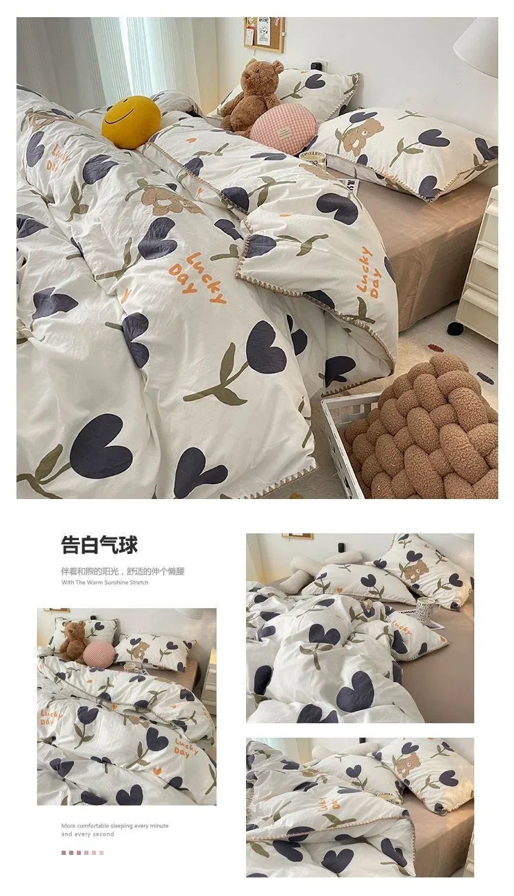 Bedding Set INS Girls Cherry  Soft Washed Cotton Bed Sheet Queen King Size Duvet Set  Comforter Set Pillowcase Bed Linens