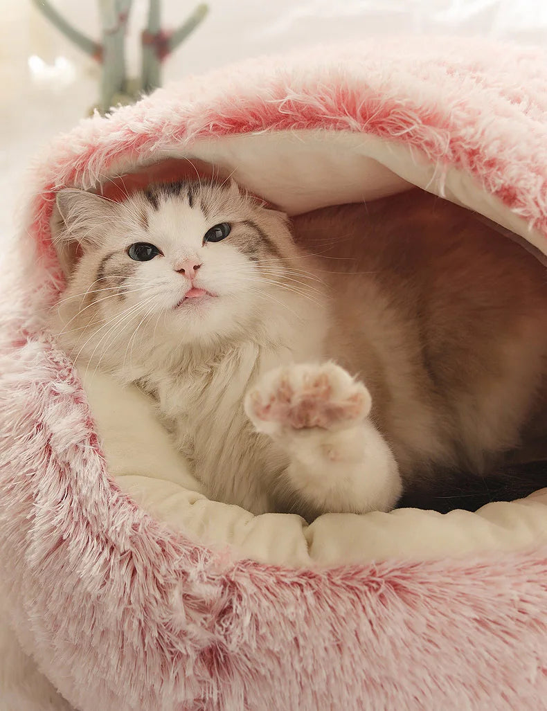 New Warm Long Plush Pet Bed Enclosed Round Cat Cushion Comfortable Sleep Bag Cat Nest Kennel For Small Pet