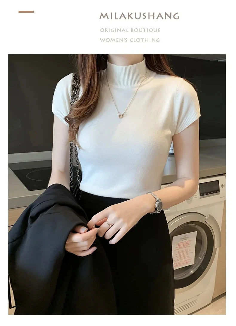 Women's Half-High Neck T-Shirt Fashion Jumper Casual Tops Korean Style Elegant Solid-Coloured Clothing Spring And Summer Season