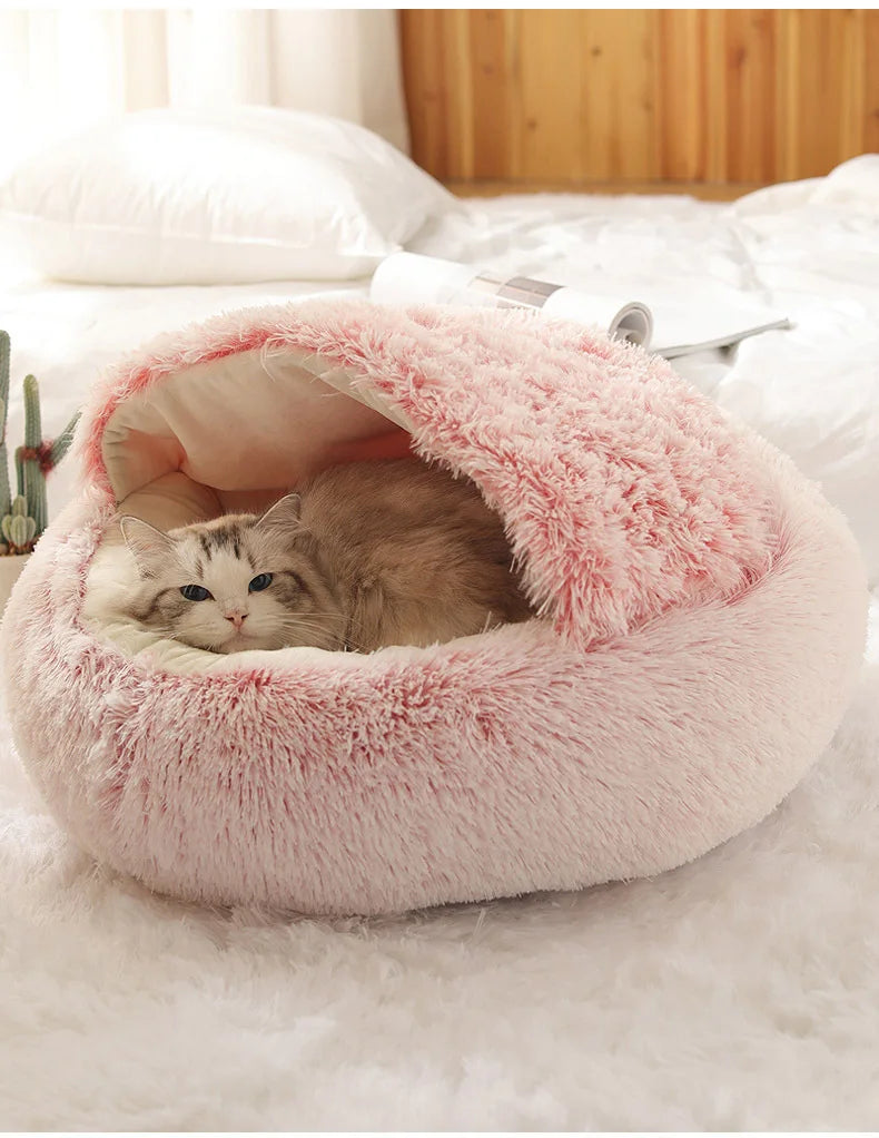 New Warm Long Plush Pet Bed Enclosed Round Cat Cushion Comfortable Sleep Bag Cat Nest Kennel For Small Pet