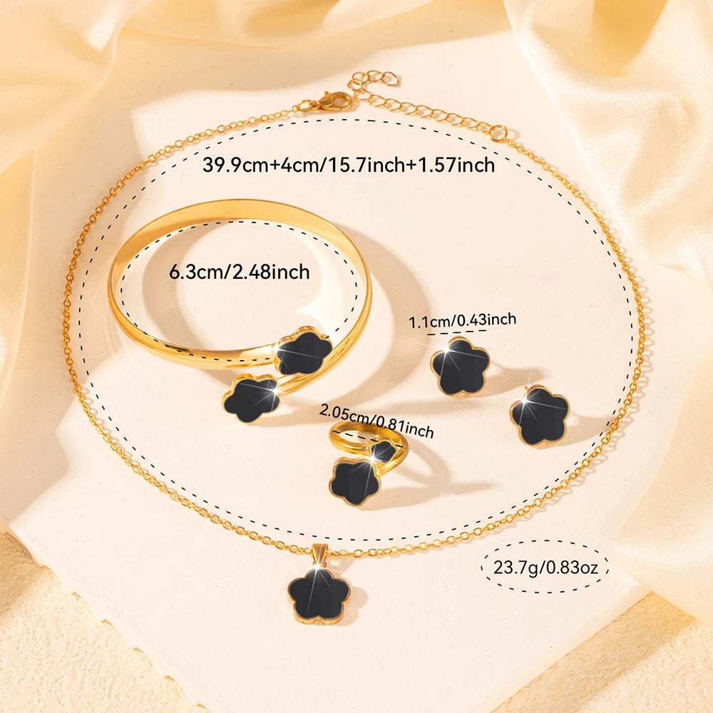 5-Piece Lucky Flower Alloy Jewelry Set – Necklace, Bracelet, Bangle, Ring & Earrings