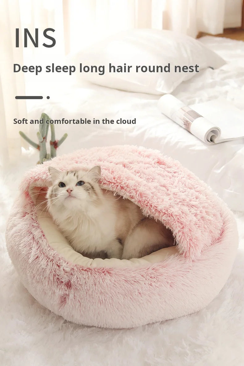 New Warm Long Plush Pet Bed Enclosed Round Cat Cushion Comfortable Sleep Bag Cat Nest Kennel For Small Pet