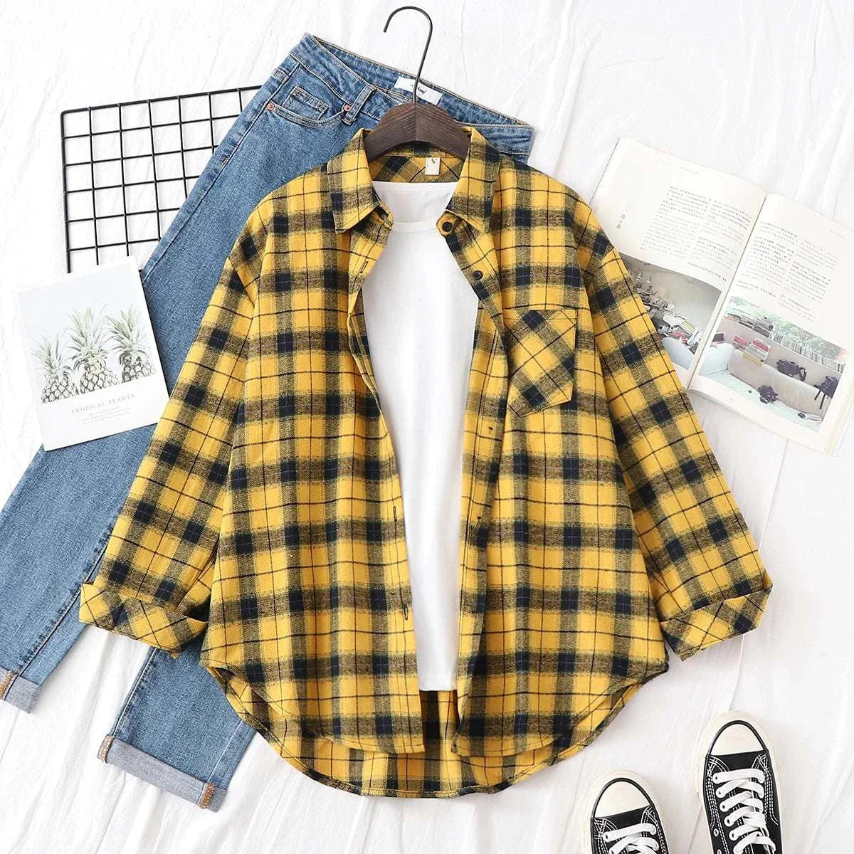 Loose Women’Express Global Mart  Product Description
Add a touch of casual elegance to your wardrobe with the Loose Women’s Plaid Shirt. This versatile shirt is designed with a relaxed fit, making iLoose Women’s Plaid ShirtDSers