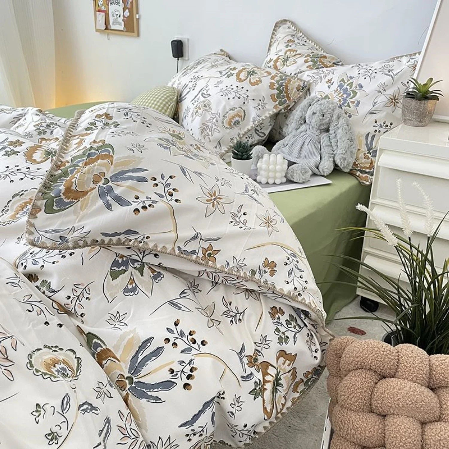 Bedding Set INS Girls Cherry  Soft Washed Cotton Bed Sheet Queen King Size Duvet Set  Comforter Set Pillowcase Bed Linens