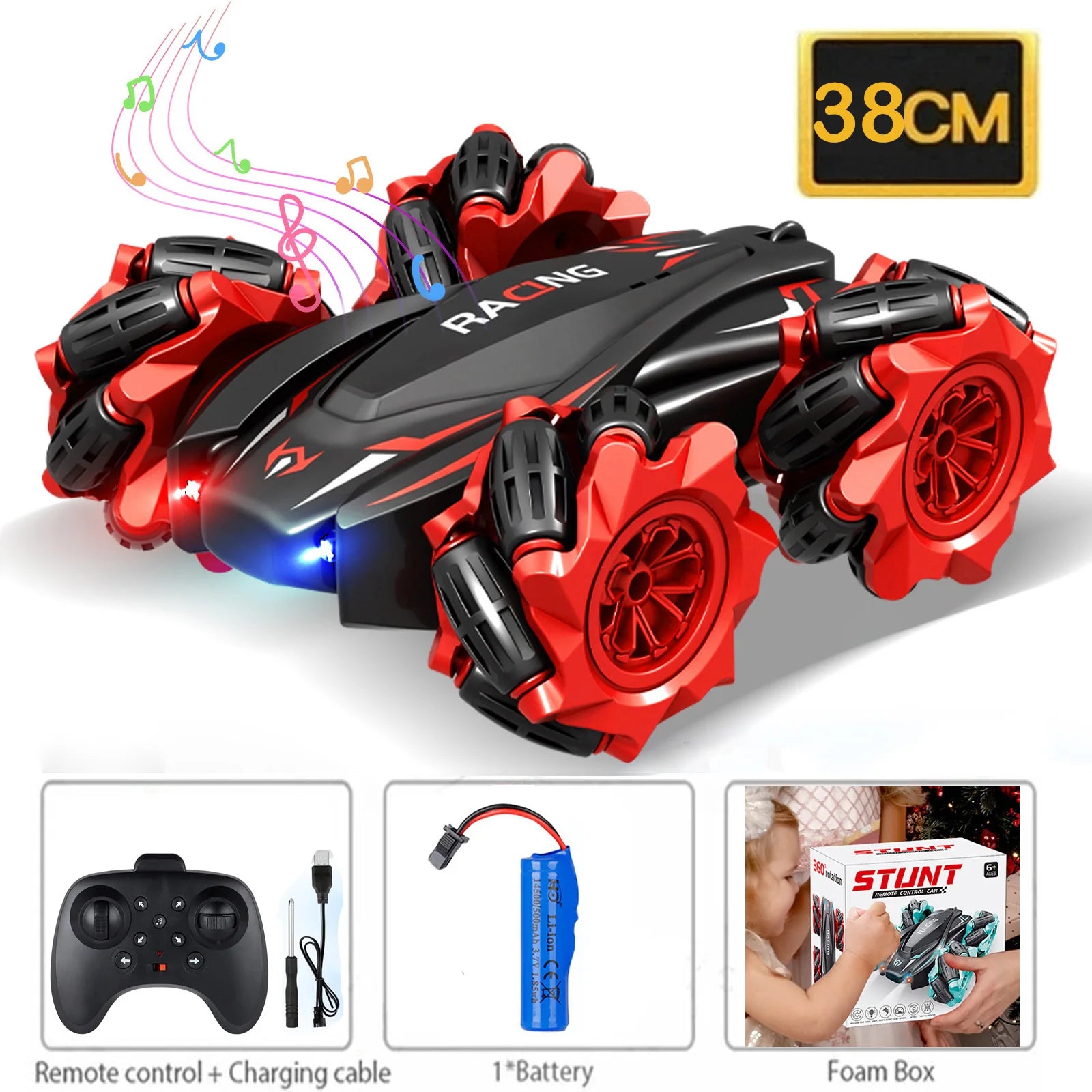 -Road Racing Toy Racing RC Stunt Car ToyExpress Global Mart  SPECIFICATIONSBrand Name: NoEnName_NullRecommend Age: 6-12yIs Electric: AA BatteryOrigin: Mainland ChinaMaterial: PlasticType: CarFeatures: REMOTE CONTROLChoice: yesRemote Control Cars for Double Sided Rotating Light Music Four-Wheel DExpress Global Mart 