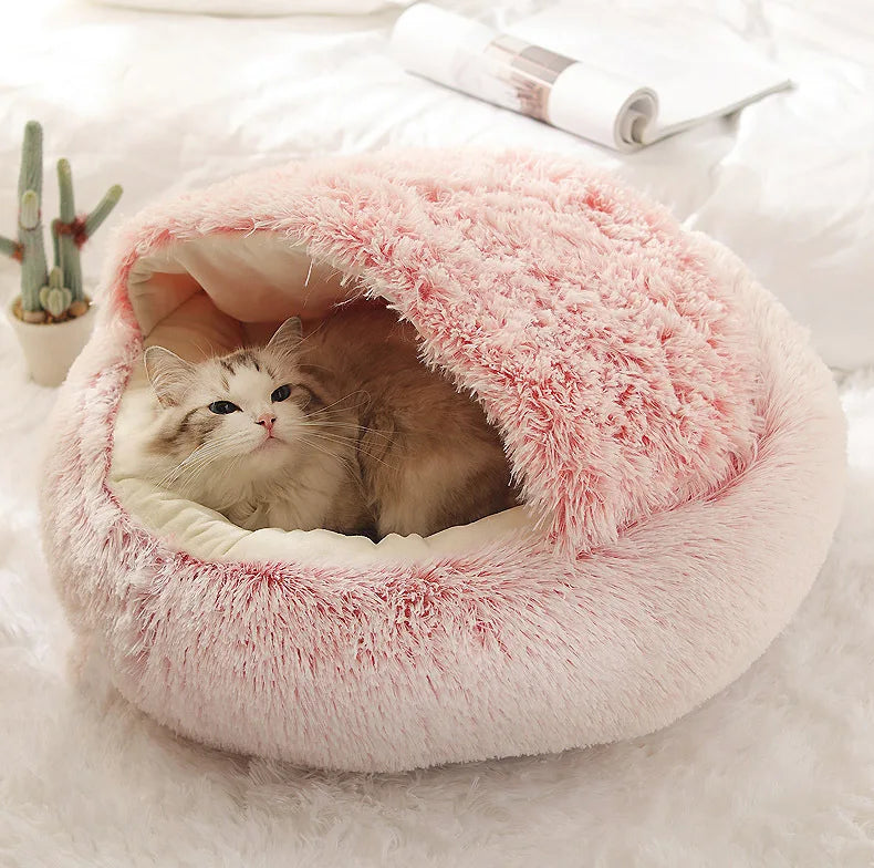 New Warm Long Plush Pet Bed Enclosed Round Cat Cushion Comfortable Sleep Bag Cat Nest Kennel For Small Pet