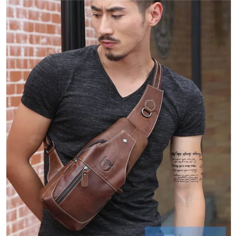 Men's Crossbody Chest Bag Retro Soft Genuine Cowhide Leather Casual Shoulder Bag