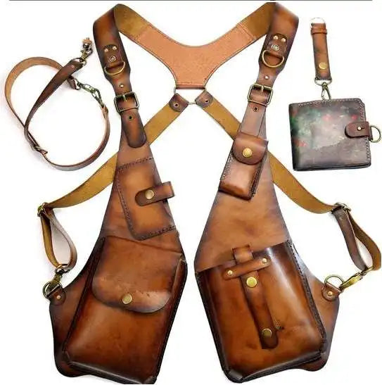 New Retro Leather Strap Armpit Crossbody Bag Outdoor Square Package Cell Phone Pouch Functional Chest Pack Messenger Adjustable