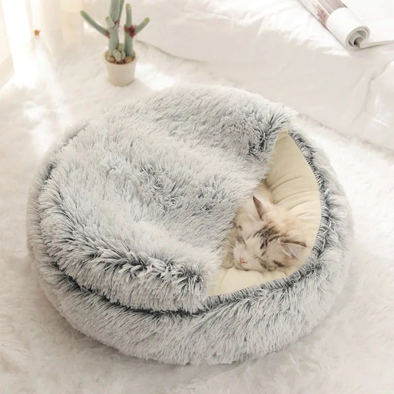 New Warm Long Plush Pet Bed Enclosed Round Cat Cushion Comfortable Sleep Bag Cat Nest Kennel For Small Pet