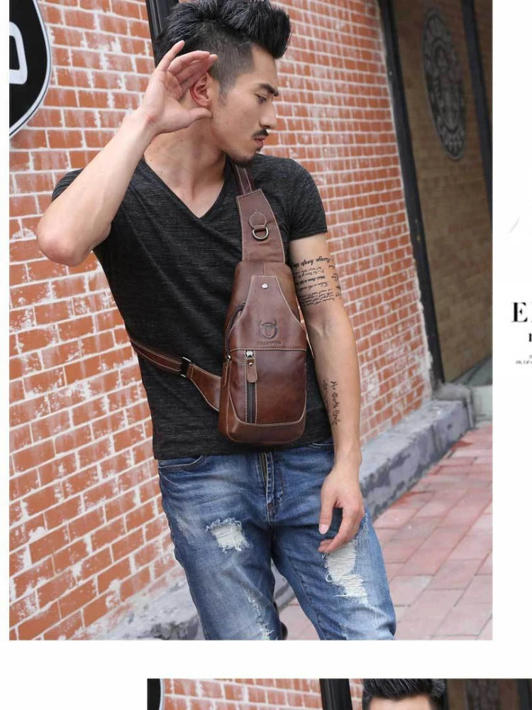 Men's Crossbody Chest Bag Retro Soft Genuine Cowhide Leather Casual Shoulder Bag