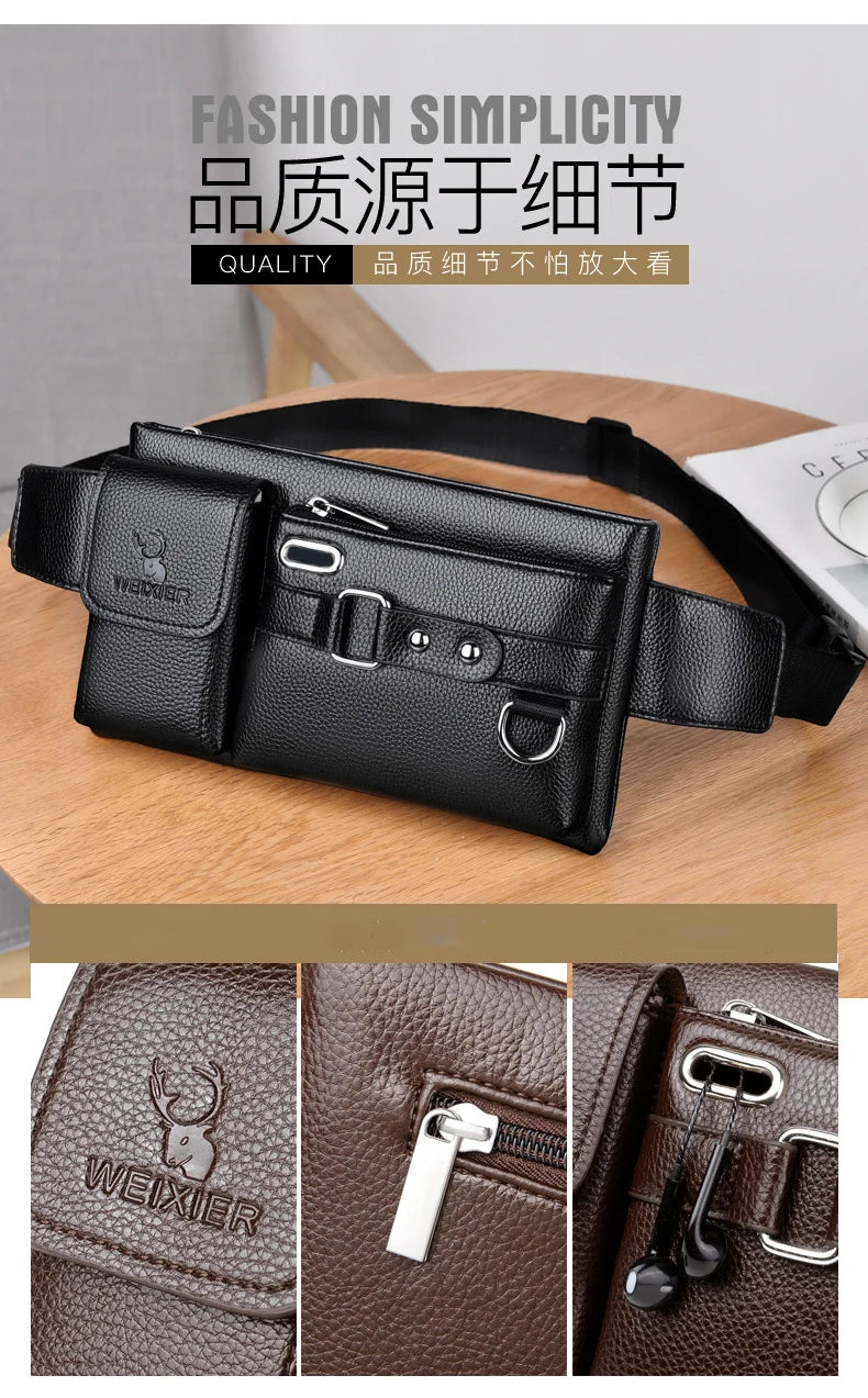 Brand Men's Waist Bag Leather Male Fanny Pack Male Shoulder Chest Bags for Phone Hip Sack Man Belt Pouch Murse Banana Bum Bag