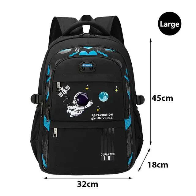 Large black Teenager School Bag with astronaut print, measuring 45x32x18 cm, orthopedic design, high-quality Oxford fabric.