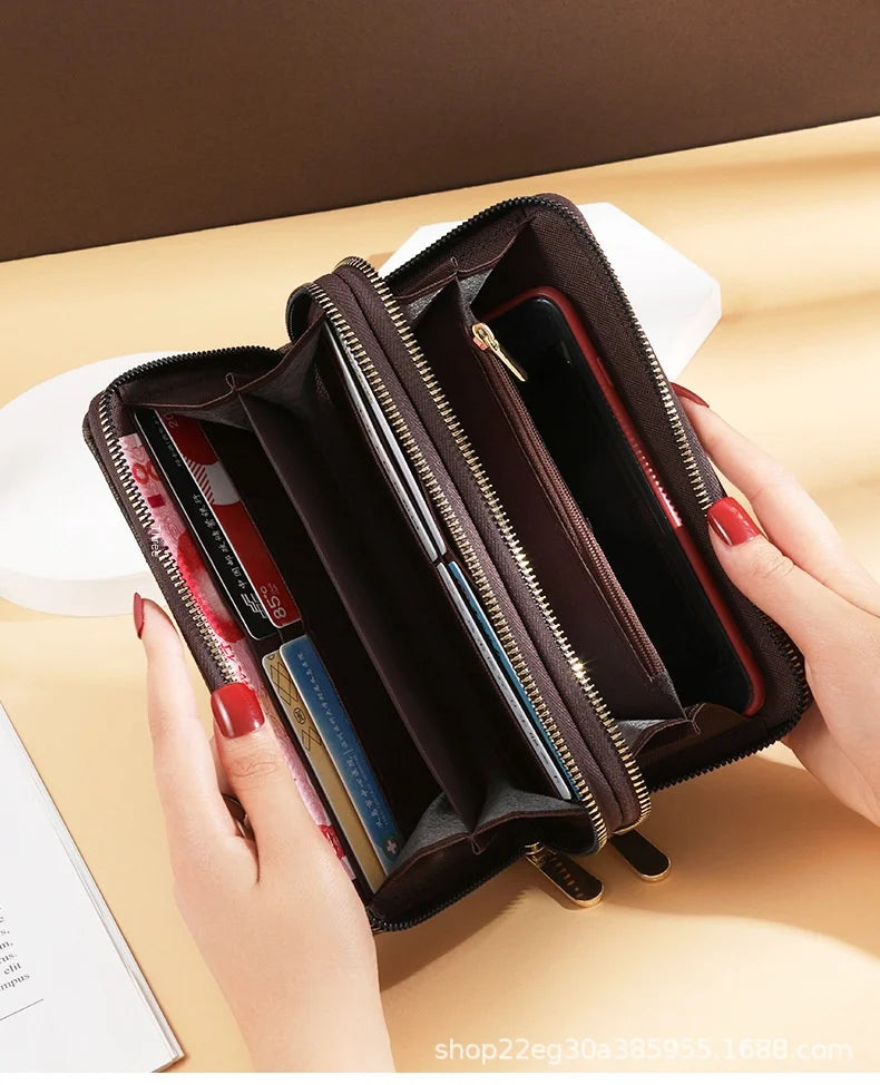 Long Wallet for Women Female vintage Coin Purse Card Holder Wallets Double Zipper PU Leather Clutch Bags Luxury Money Phone Bag