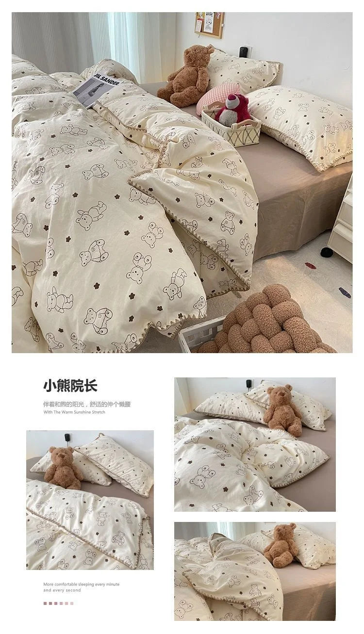 Bedding Set INS Girls Cherry  Soft Washed Cotton Bed Sheet Queen King Size Duvet Set  Comforter Set Pillowcase Bed Linens