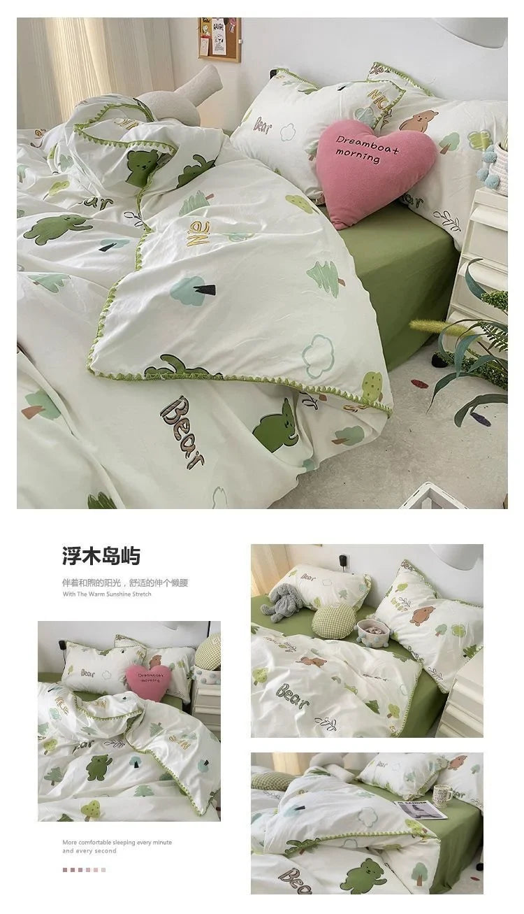 Bedding Set INS Girls Cherry  Soft Washed Cotton Bed Sheet Queen King Size Duvet Set  Comforter Set Pillowcase Bed Linens