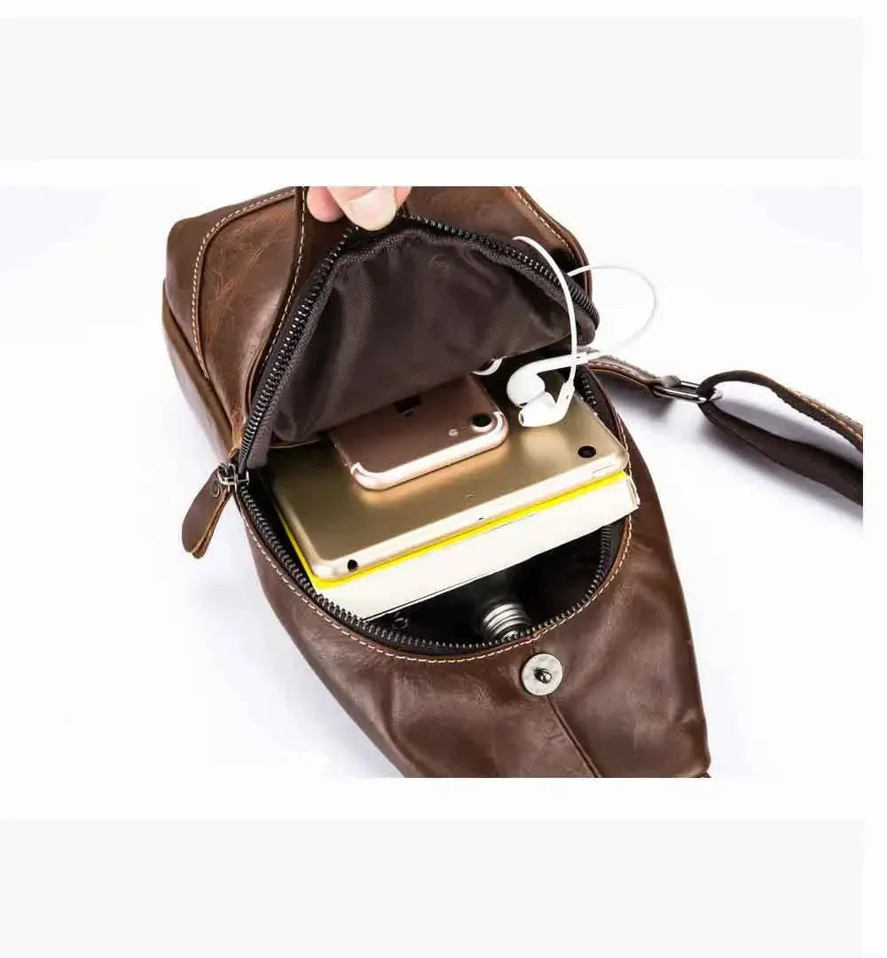 Men's Crossbody Chest Bag Retro Soft Genuine Cowhide Leather Casual Shoulder Bag