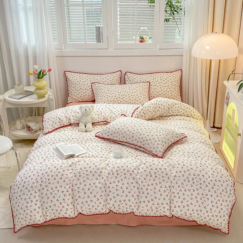 Bedding Set INS Girls Cherry  Soft Washed Cotton Bed Sheet Queen King Size Duvet Set  Comforter Set Pillowcase Bed Linens