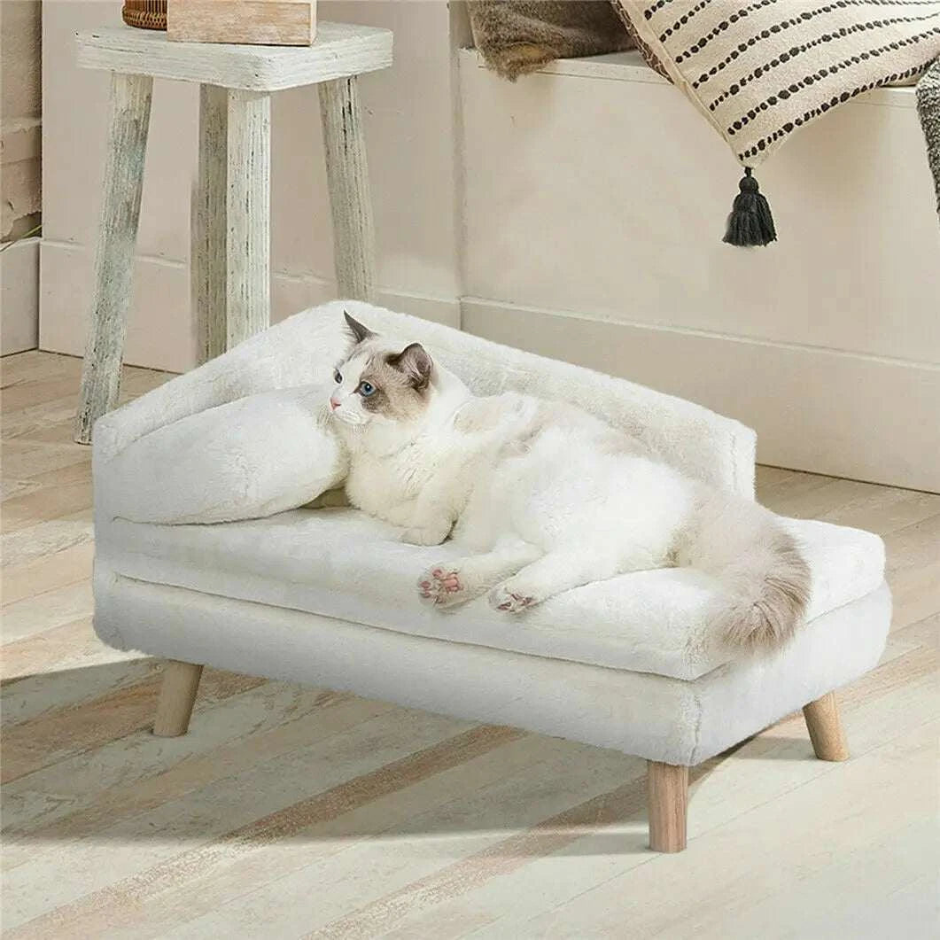 Elevated Pet Bed Solid Wood Leg Dog Cat Sofa for Indoor  L Shape Plush Couch Lounge with Soft Cushion