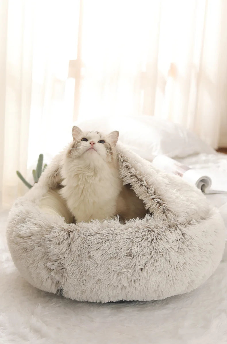 New Warm Long Plush Pet Bed Enclosed Round Cat Cushion Comfortable Sleep Bag Cat Nest Kennel For Small Pet