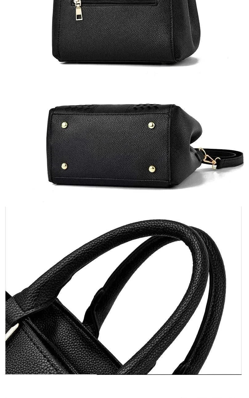 Embroidery messenger bag for women, black bucket shape, perfect handbag for everyday use.