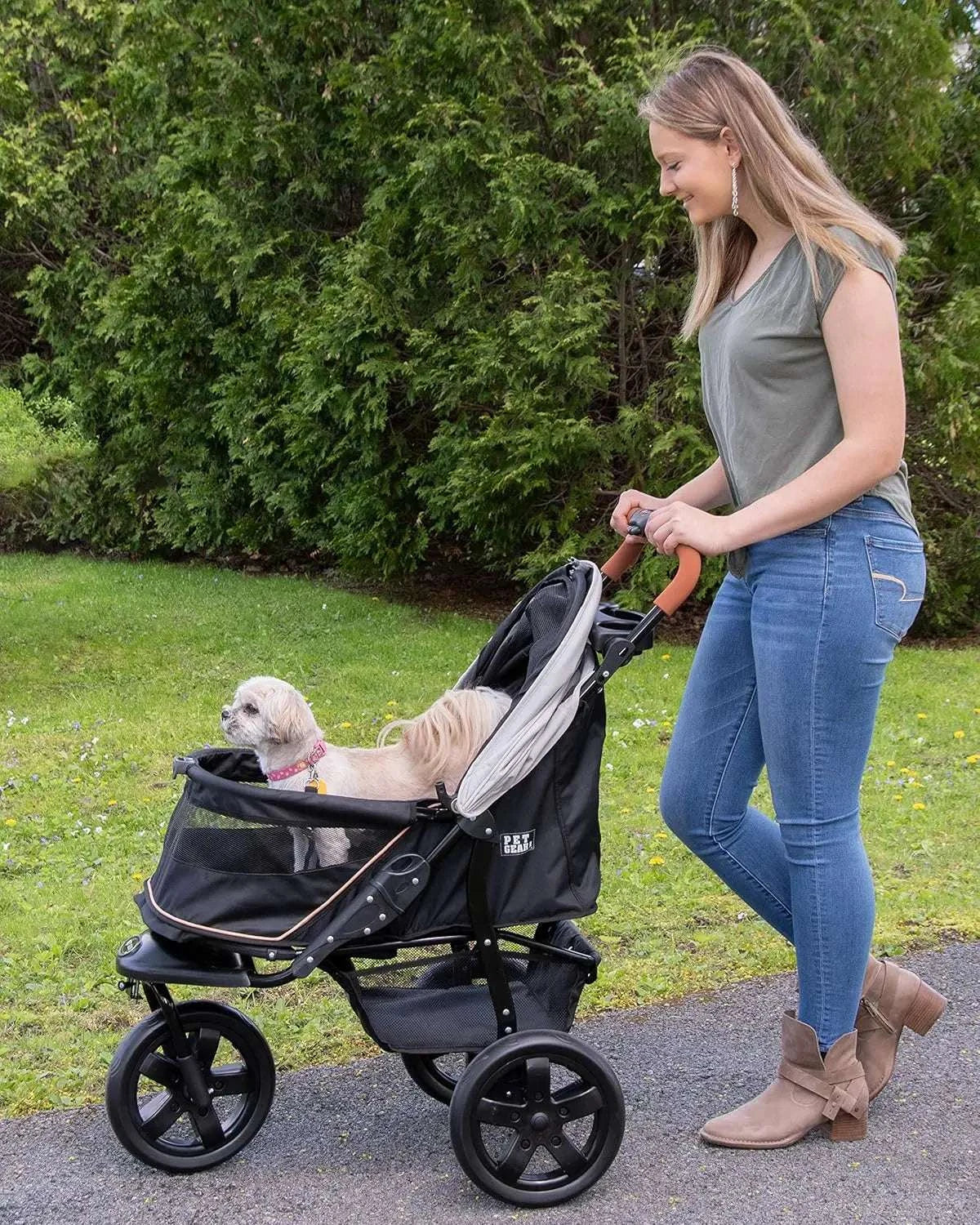 Pet Stroller for Cats/Dogs, Zipperless Entry, Easy One-Hand Fold, Jogging Tires, Removable Liner, Cup Holder + Storage Basket