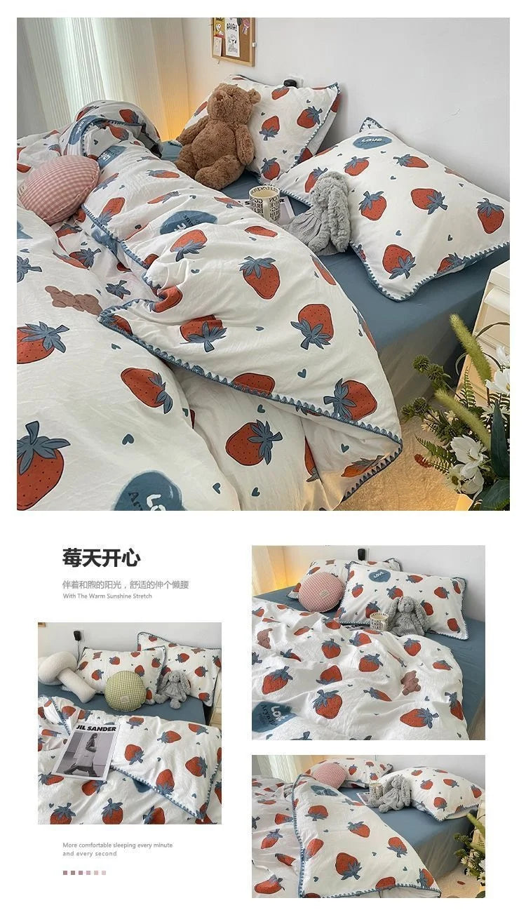 Bedding Set INS Girls Cherry  Soft Washed Cotton Bed Sheet Queen King Size Duvet Set  Comforter Set Pillowcase Bed Linens