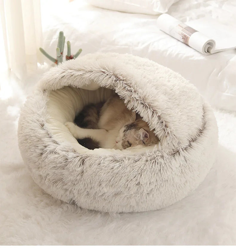 New Warm Long Plush Pet Bed Enclosed Round Cat Cushion Comfortable Sleep Bag Cat Nest Kennel For Small Pet