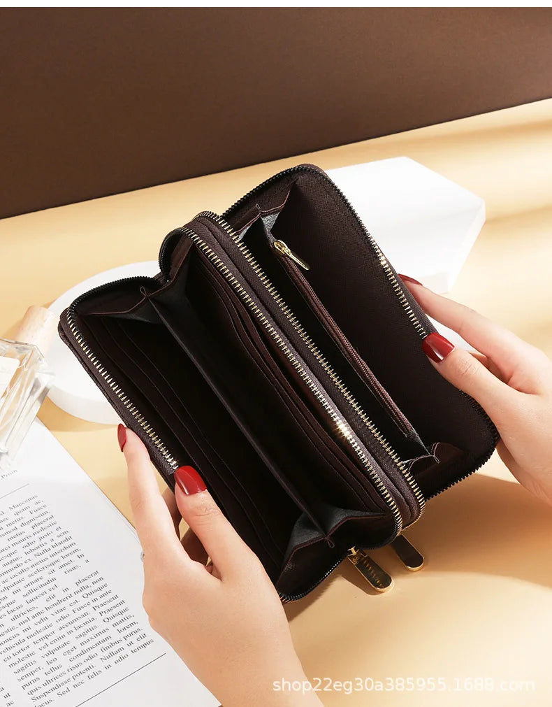 Long Wallet for Women Female vintage Coin Purse Card Holder Wallets Double Zipper PU Leather Clutch Bags Luxury Money Phone Bag