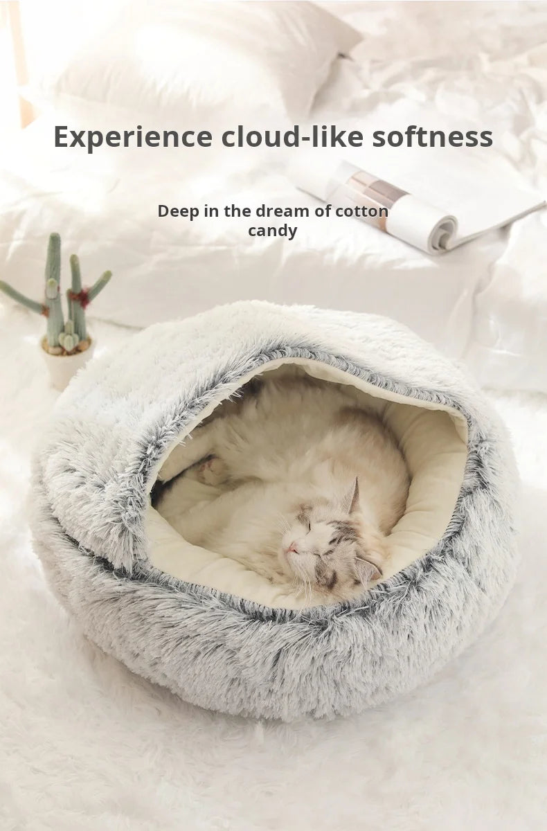 New Warm Long Plush Pet Bed Enclosed Round Cat Cushion Comfortable Sleep Bag Cat Nest Kennel For Small Pet