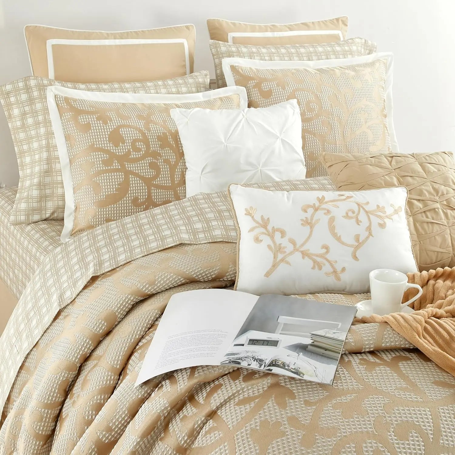 Grand Avenue Taupe Paisley Comforter Set King Size, 16 Piece, Jacquard Bedding Sets & Collections, Matching Flat Sheet,